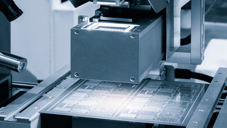 Close up of examining of test sample of microchip transistor under the microscope in laboratory....