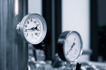 industrial concept. equipment of the boiler-house, - valves, tubes, pressure gauges, thermometer. Close up of manometer, pipe, flow meter, water pumps and valves of heating system in a boiler room.の写真素材