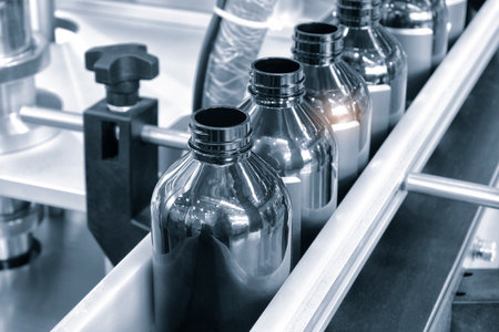 Bottle. Industrial production of plastic pet bottles. Factory line for manufacturing polyethylene bottles. Transparent food packaging.の写真素材