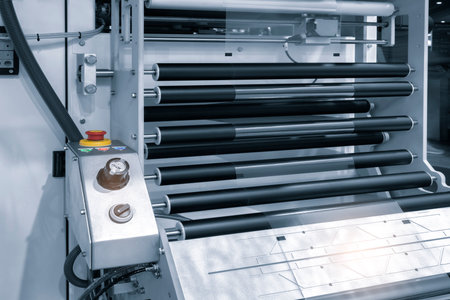 Cold cutting system, bottom seal bag and calendar bag making machines with slit-seal unit. Moving roller with flat polyethylene transparent filmの写真素材