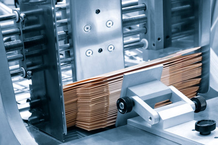 Elements of corton boxes are collected in stack. Conveyor line for the production of boxes. Machine cuts cardboard boxes from sheets of cardboard. Enterprise for the production package.の写真素材