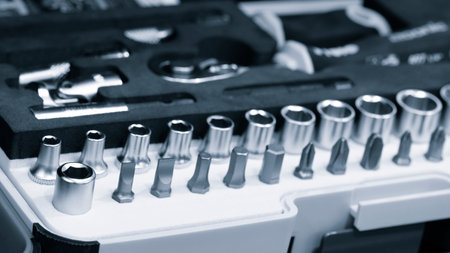 Set of bits for screwdriver. Metal bits for screwdriver. Tool set for household use. Nozzles and...