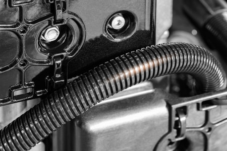 Close-up of diesel engine turbocharger, Diesel and gas industrial electric generator. Turbocharger with pipes on the engine.の写真素材