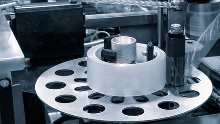Automatic industrial machine for plastic packaging with light effect of products and food. shaft of...