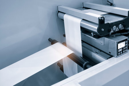 Automatic industrial machine for plastic packaging with light effect of products and food. shaft of an automated packaging line with plastic film in a light blue scene. product packaging conceptの写真素材