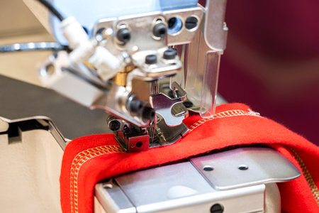 sewing machine and item of red clothingの写真素材