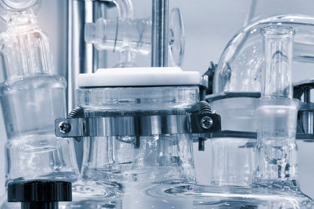 Chemical and pharmaceutical concept background. Chemistry laboratory equipment Laboratory glassware.の写真素材
