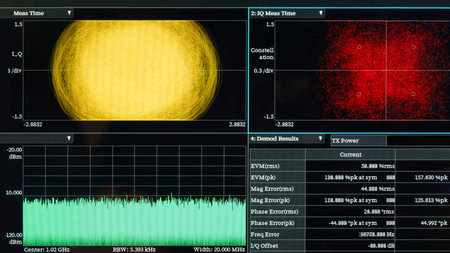 Close-up an oscilloscope monitor examining the amplitude and time parameters of an electrical signal...