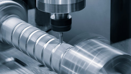 The Hi-precision CNC rotation milling machine with cutting sample in blue-silver tone.The micro...