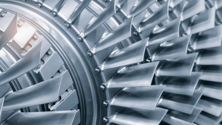Steel blades of turbine propeller 3D printing. close-up view. Selected focus on foreground, industrial additive technologies conceptの写真素材