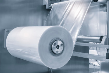 Automatic industrial machine for plastic packaging with light effect of products and food. shaft of an automated packaging line with plastic film in a light blue scene. product packaging conceptの写真素材