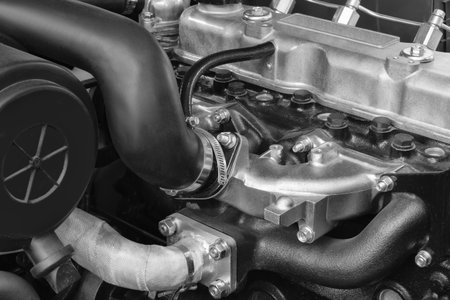 diesel engines. Fragment of a diesel engine close-up. Selective on the fuel injection in the diesel engine. supply system for diesel fuel. Engine details Diesel engine backgroundの写真素材