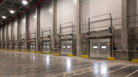 truck at loading ramps of a warehouse. delivery logistics concept background