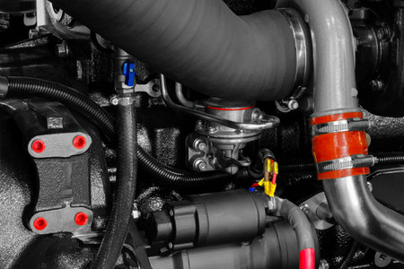 black diesel engine. Fragment of a diesel engine close-up. Selective on the fuel injection in the diesel engine. supply system for diesel fuel. Engine details Diesel engine backgroundの写真素材