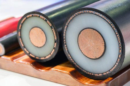 Close-up of high voltage copper cable cross-section, Industrial concept