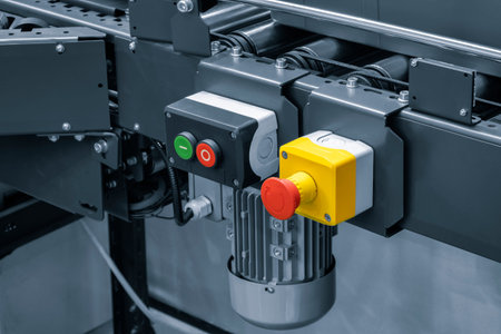 Automatic packaging belted conveyor system in a pharmaceutical plant. selective focus. Industrial...