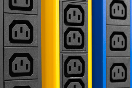 Electricity sockets IEC 60320 C13 in the server rack. Electricity sockets (Iin the server rack as technology style concept background as template, page or web bannerの写真素材