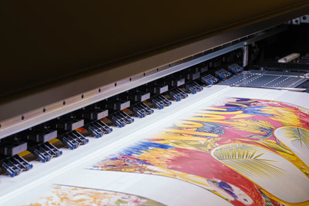 Industrial printing on woven material; modern digital inkjet printer puts a blue pattern picture on a cloth canvasの写真素材