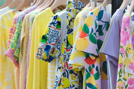 Multicolor family clothes on hangers in store