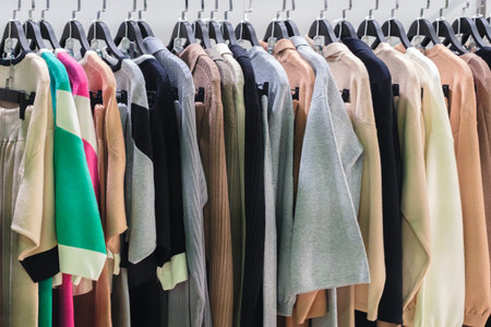 Multicolor family clothes on hangers in storeの写真素材