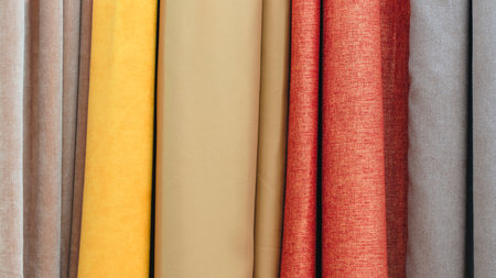 Mix colorful hanging vertical stripe textile, fabrics, cloths on the rack. Texture of multicolored fabrics close up.の写真素材