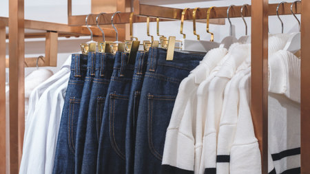 Clothes and jeans on hangers in a storeの写真素材
