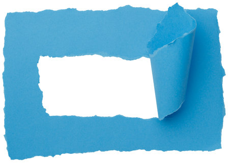 Crumpled blue baking paper sheets isolated on white background, top view. Empty space for your message. Ripped paper, space for advertising copyの写真素材