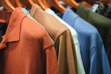 Multicolored polo shirts in the marketの写真素材
