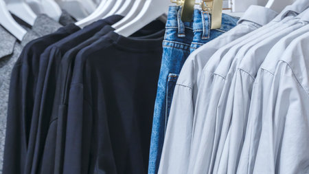 Clothes and jeans on hangers in a storeの写真素材