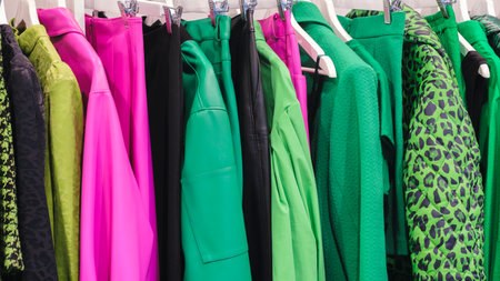 Multicolor family clothes on hangers in storeの写真素材