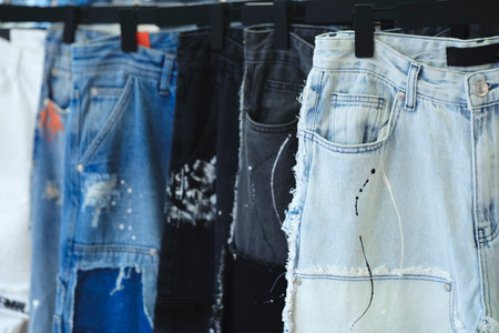 blue and black jeans for children and teenagers in the marketの写真素材