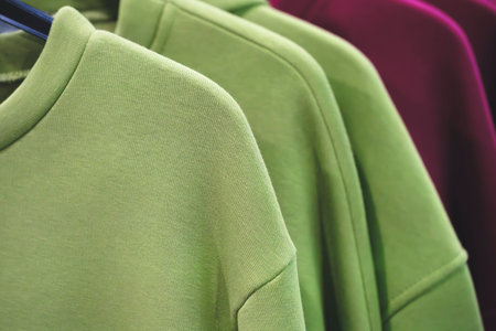 Fashion hoodie clothes on clothing rack Closeup of rainbow color choice female wear on hangers in a clothing store closet Summer home wardrobe.の写真素材