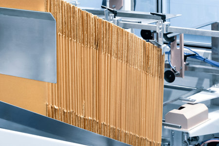 Elements of corton boxes are collected in stack. Conveyor line for the production of boxes. Machine...
