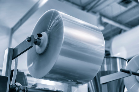 Automatic polyethylene plastic bag production machine with lighting effect. Close-up of the roller of the plastic bag production machine in the light blue scene. product packaging conceptの写真素材