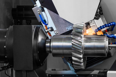 Manufacturing CNC professional lathe machine with gear detail, Industrial concept.