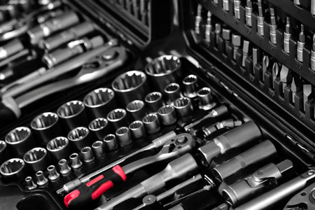 mechanics tool kit in black box, close-up of mechanics tool kitの写真素材