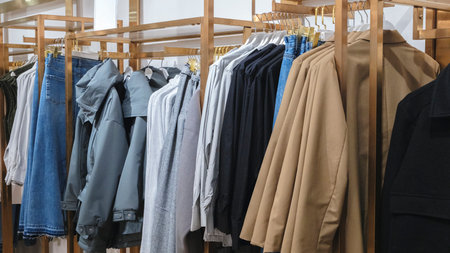 Multicolor family clothes on hangers in storeの写真素材