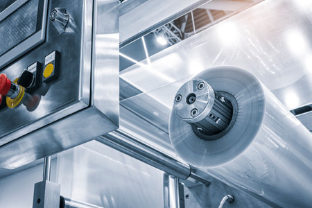 Automatic polyethylene plastic bag production machine with lighting effect. Close-up of the roller of the plastic bag production machine in the light blue scene. product packaging conceptの写真素材