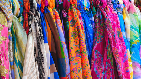 Multicolor family clothes on hangers in storeの写真素材