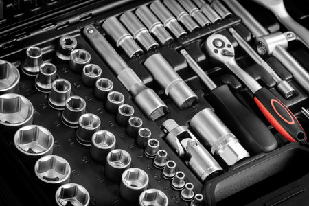 mechanics tool kit in black box, close-up of mechanics tool kit