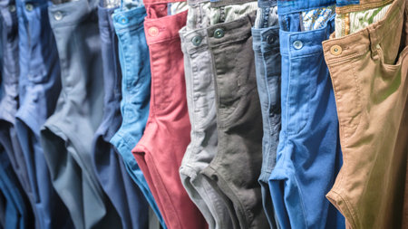 Many jeans hanging on arack. Row of pants denim jeans hanging in closet, concept of buy , sell , shopping and jeans fashionの写真素材