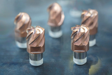 drilling milling metal cutting tool with carbide cutter insert in workshop. Drills with...
