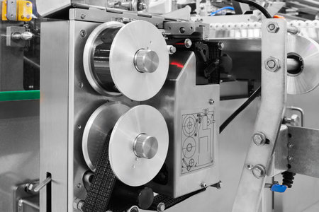 Conveyor belt transmission. Conveyor Belt Food. Factory for the production of food. Production line with packaging.の写真素材