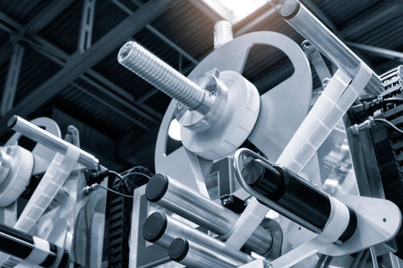 Fragment of the conveyor of sticking labeling machine. Abstract industrial background.の写真素材