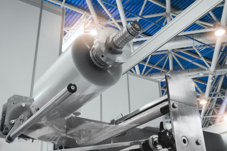 Automatic polyethylene plastic bag production machine with lighting effect. Close-up of the roller of the plastic bag production machine in the light blue scene. product packaging conceptの写真素材