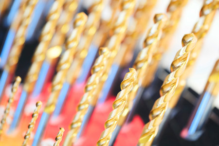 drilling milling metal cutting tool with carbide cutter insert in workshop. Drills with interchangeable tungsten carbide heads. Milling metal cutter tools CNC machine, industrial backgroundの写真素材