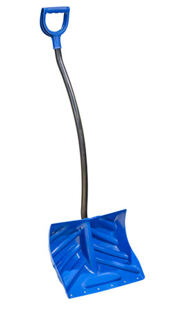 Plastic blue winter snow shovel isolated on white backgroundの写真素材