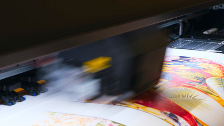 A moving working industrial wide format printer prints a color picture on paper.の写真素材