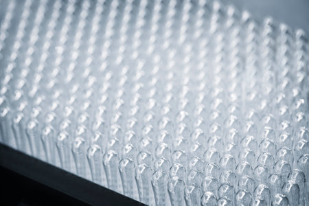 Vaccine production in a pharmaceutical factory, conveyor with the glass jars, modern pharmaceutical factory. Closeup of ampules are being filled with vaccineの写真素材