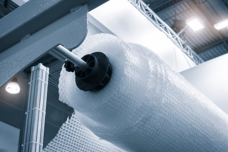 Automatic polyethylene air-bubble packaging roll tape film machine with lighting effect in blue background in full screenの写真素材